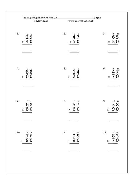 Multiplying by Whole Tens Worksheet