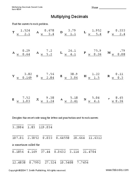Multiplying Decimals Worksheet