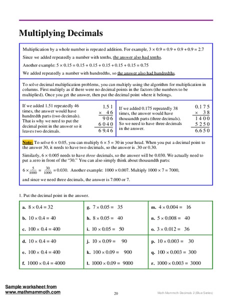 Multiplying Decimals Worksheet