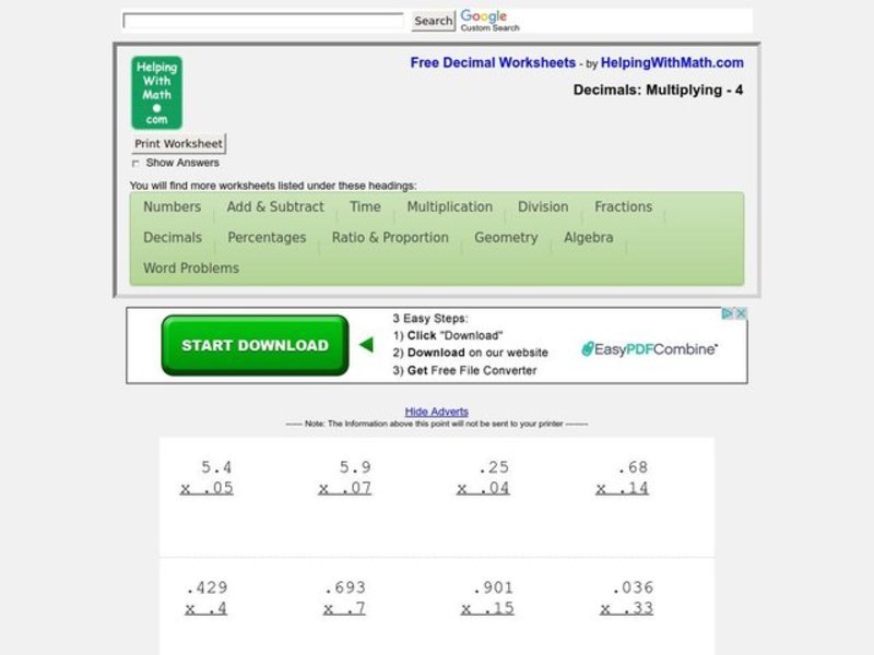 Multiplying Decimals Worksheet
