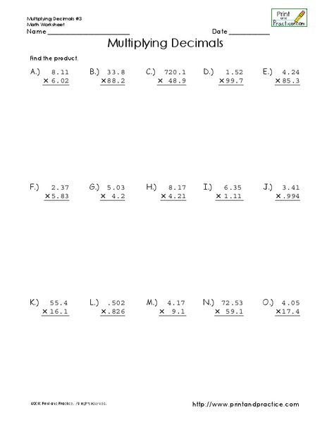 Multiplying Decimals Worksheet