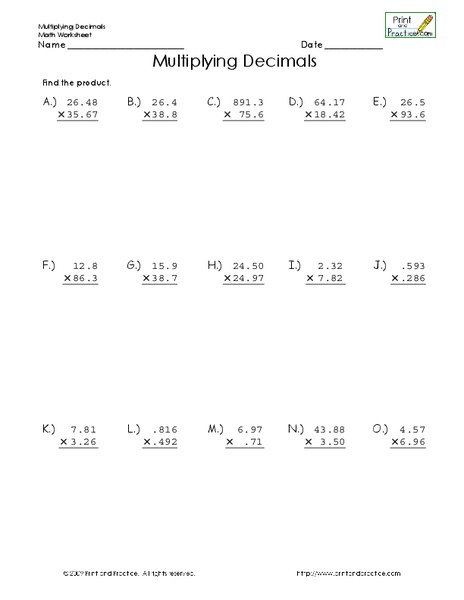 Multiplying Decimals Worksheet