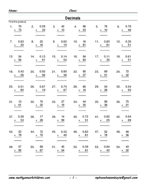 Multiplying Decimals Worksheet