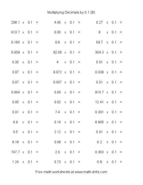 Multiplying Decimals by 0.1 Worksheet