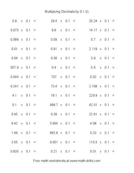 Multiplying Decimals by 0.1 Worksheet