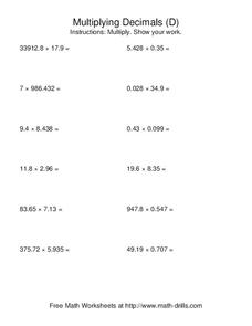 Multiplying Decimals [D] Worksheet