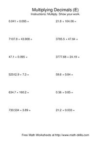 Multiplying Decimals [D] Worksheet