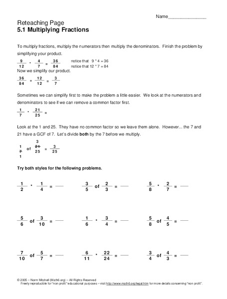 Multiplying Fractions Worksheet