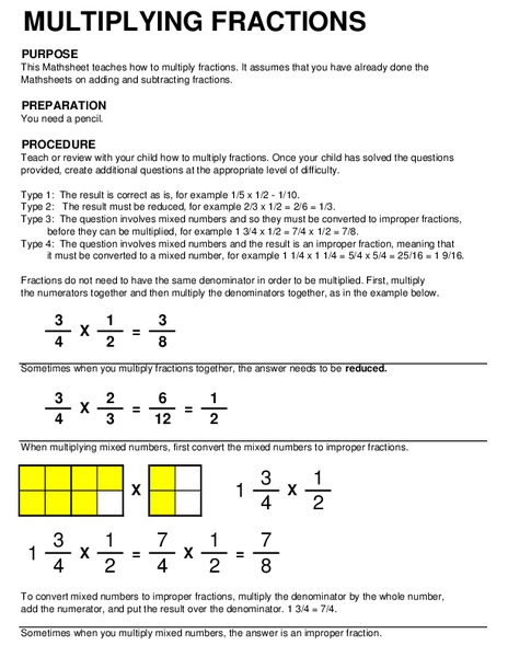 Multiplying Fractions Worksheet