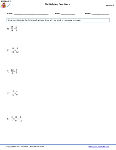 Multiplying Fractions Worksheet
