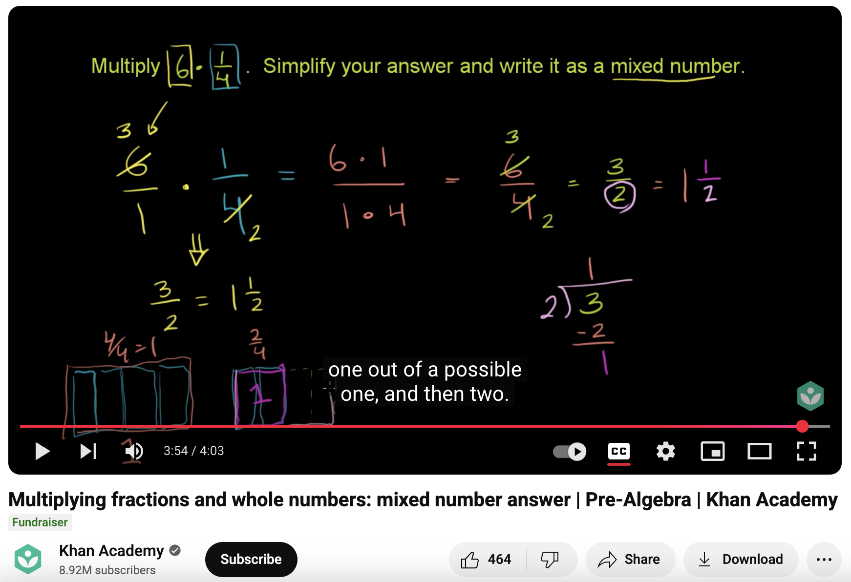 Multiplying Fractions and Whole Numbers: Mixed Number Answer, Pre-Algebra Instructional Video