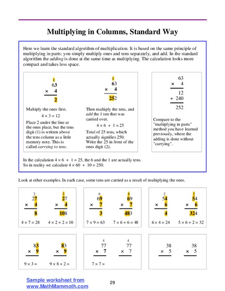 Multiplying in Columns, Standard Way Lesson Plan