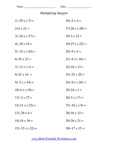 Multiplying integers Worksheet