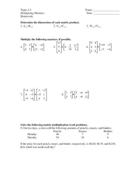 Multiplying Matrices Worksheet