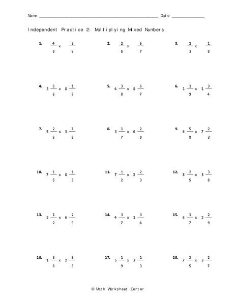 Multiplying Mixed Numbers Worksheet