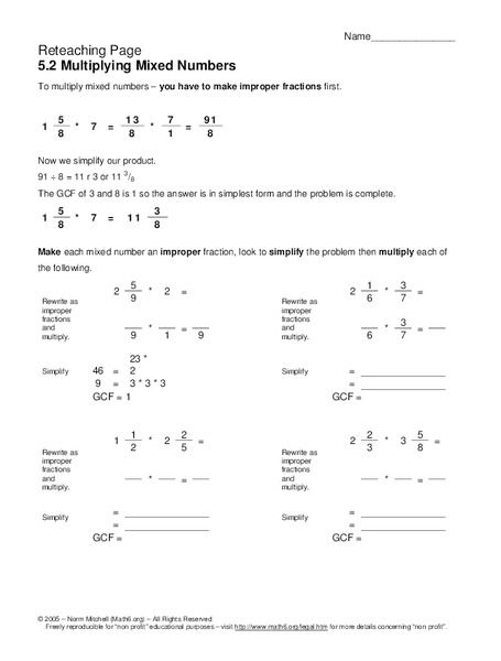 Multiplying Mixed Numbers Worksheet