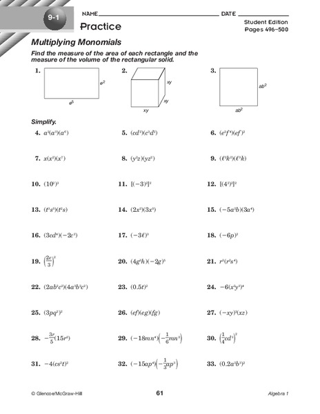 Multiplying Monomials Worksheet