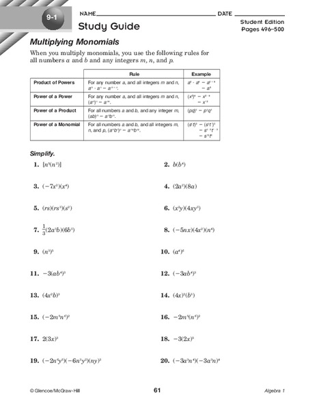 Multiplying Monomials Worksheet