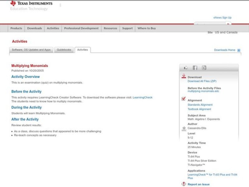 Multiplying Monomials Lesson Plan