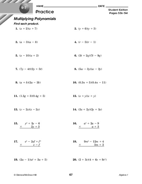 Multiplying Polynomials Worksheet
