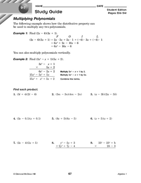 Multiplying Polynomials Worksheet