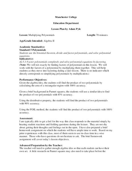 Multiplying Polynomials Lesson Plan