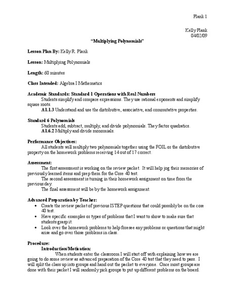 Multiplying Polynomials Lesson Plan