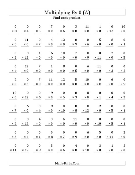 Multiplying With 0 (A) Worksheet