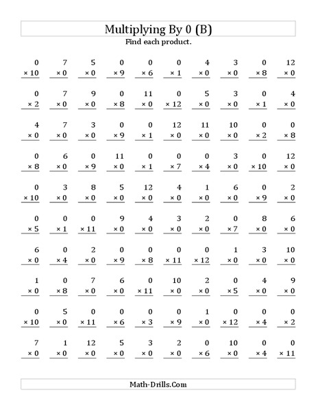 Multiplying With 0 (B) Worksheet