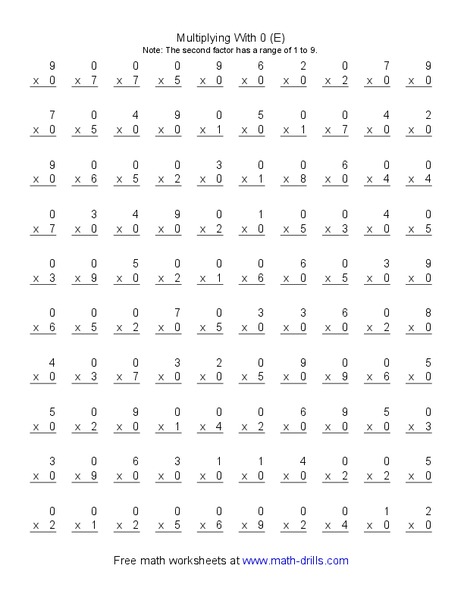 Multiplying With 0 (E) Worksheet
