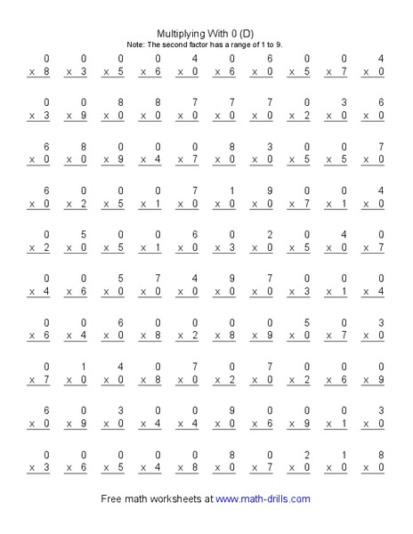 Multiplying With 0 (D) Worksheet