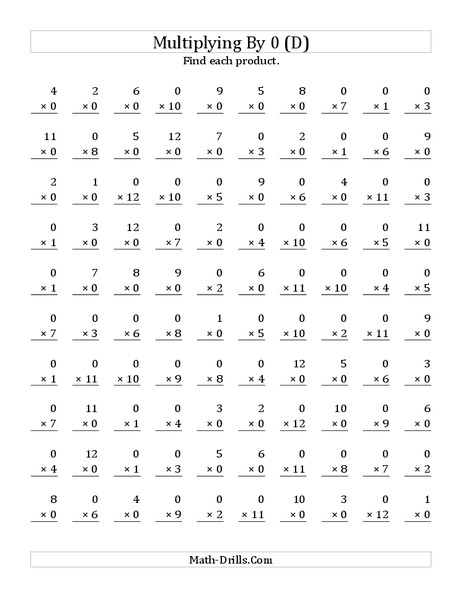 Multiplying With 0 (D) Worksheet