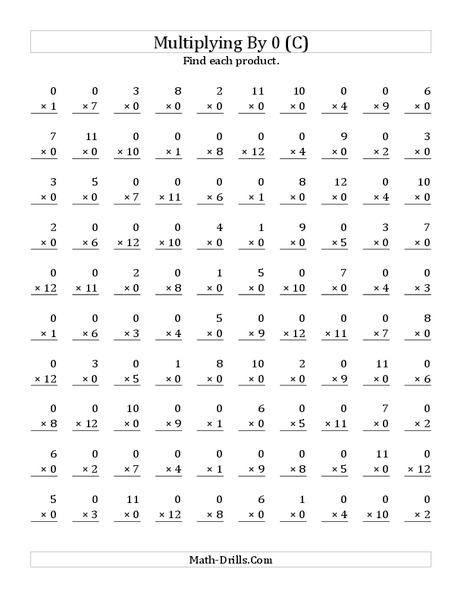 Multiplying With 0 (C) Worksheet