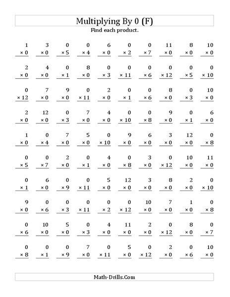 Multiplying With 0 (F) Worksheet