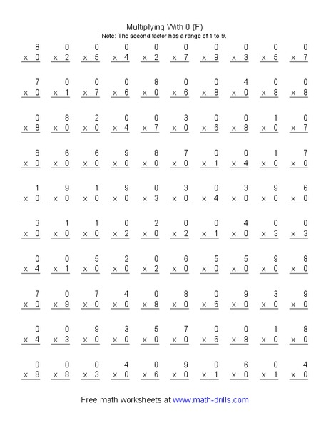 Multiplying With 0 (F) Worksheet