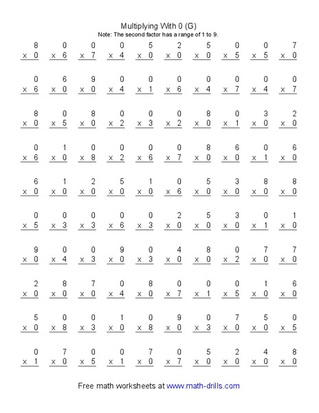 Multiplying With 0 (G) Worksheet