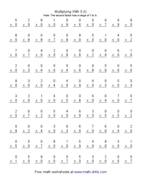 Multiplying with 0 (I) Worksheet