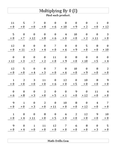 Multiplying With 0 (I) Worksheet