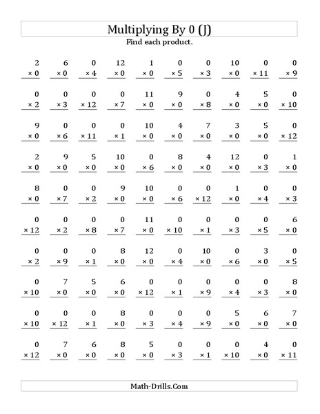 Multiplying With 0 (J) Worksheet