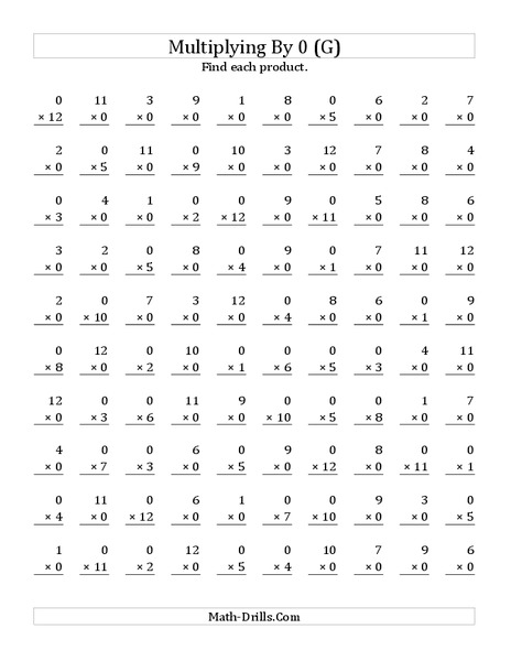 Multiplying With 0 (G) Worksheet