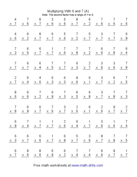 Multiplying With 6 and 7 (A) Worksheet