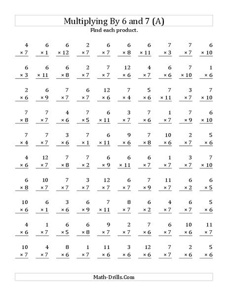 Multiplying With 6 and 7 (A) Worksheet