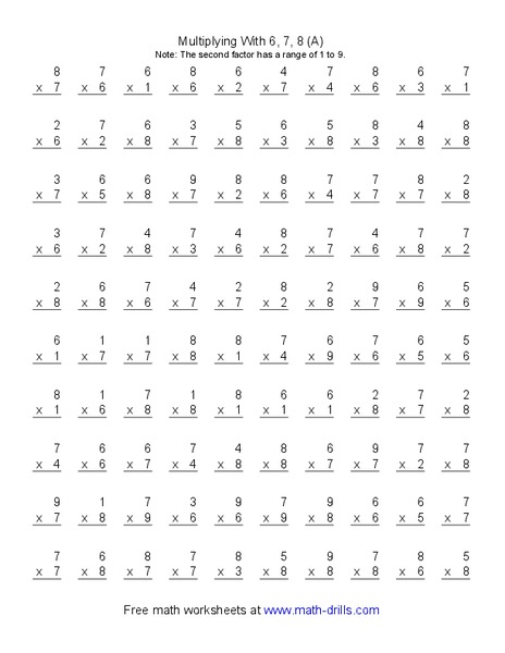 Multiplying with 6, 7, 8 (A) Worksheet