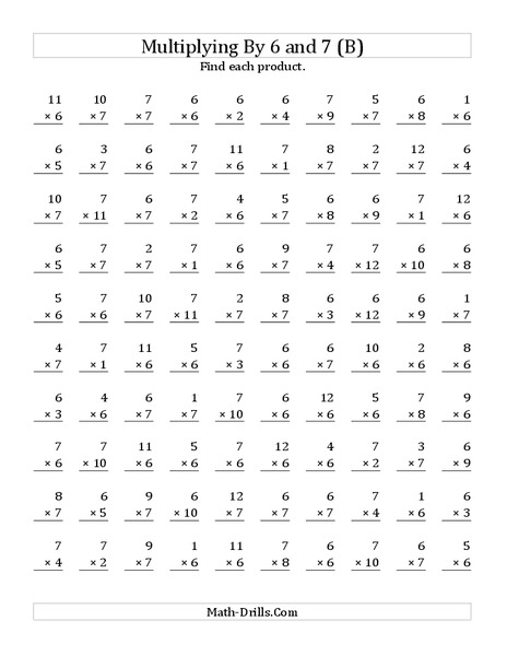 Multiplying With 6 and 7 (B) Worksheet