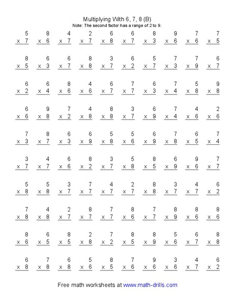Multiplying With 6, 7, 8 (B) Worksheet
