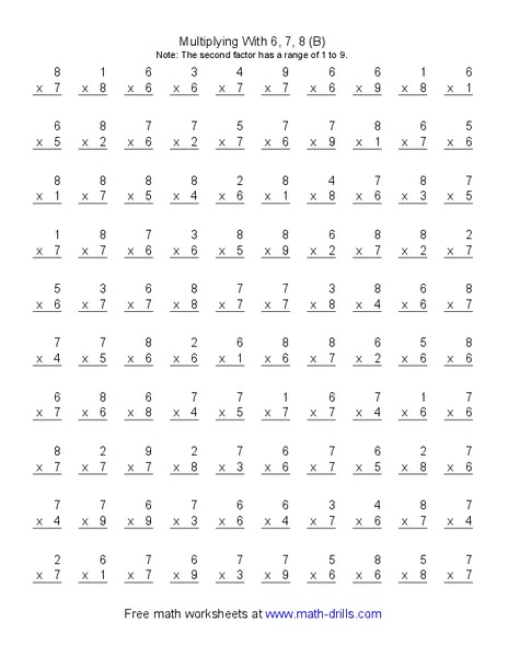 Multiplying With 6, 7, 8 (B) Worksheet