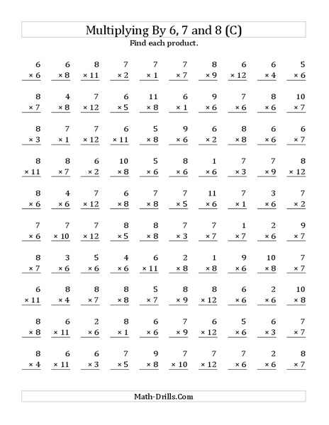Multiplying With 6, 7, 8 (C) Worksheet