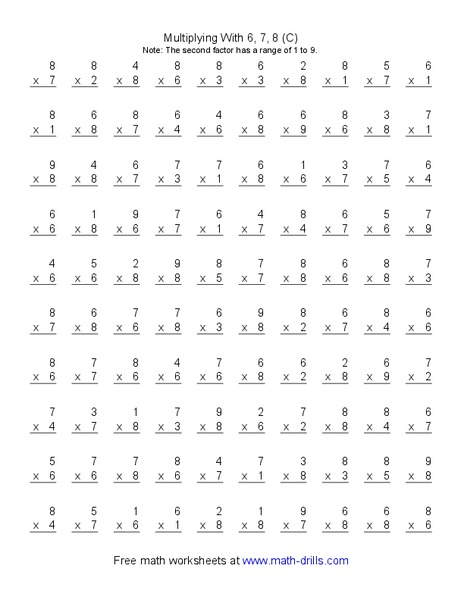 Multiplying With 6, 7, 8 (C) Worksheet