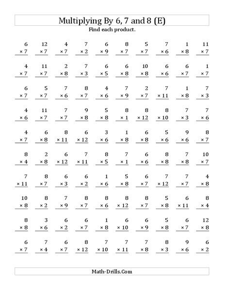 Multiplying With 6, 7, 8 (E) Worksheet