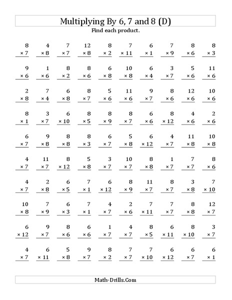Multiplying with 6, 7, 8 (D) Worksheet